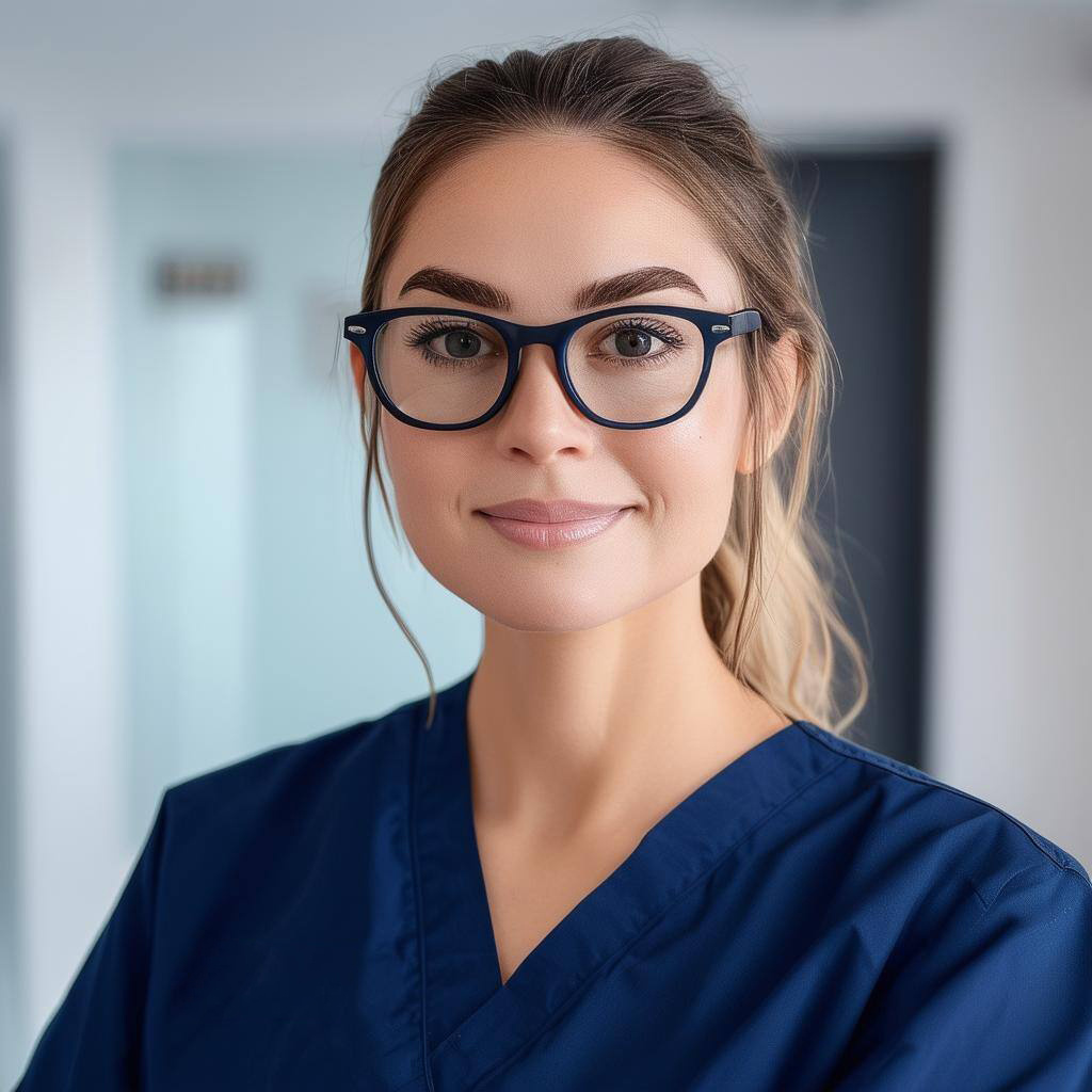 optician in navy scrubs